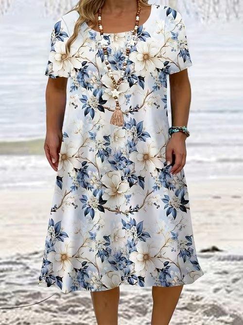 Moda Donna Grazioso Bellissimo Stampa Fiori e Erba Estate Primavera Manica Corta Girocollo Abiti Casual