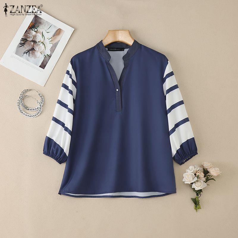 ZANZEA Damen Lässige V-Ausschnitt Streifen Patchwork 3/4 Ärmel Bluse