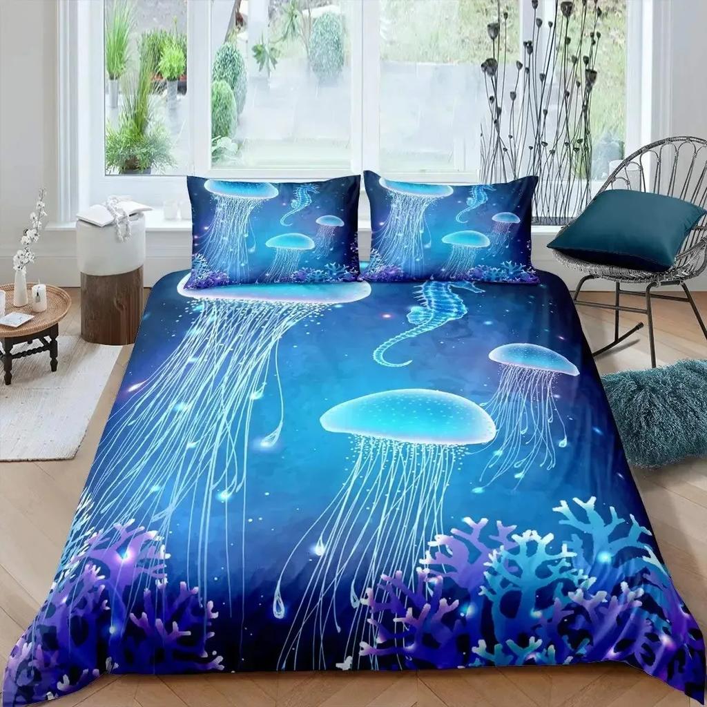 Teal Warm Comforter Cover Set King-Sized Dimensionsd Dimensions Ocean Decor,Jelyfish Soft Duvet Cover Nautical Sea Beding Set Marine Life Retro
