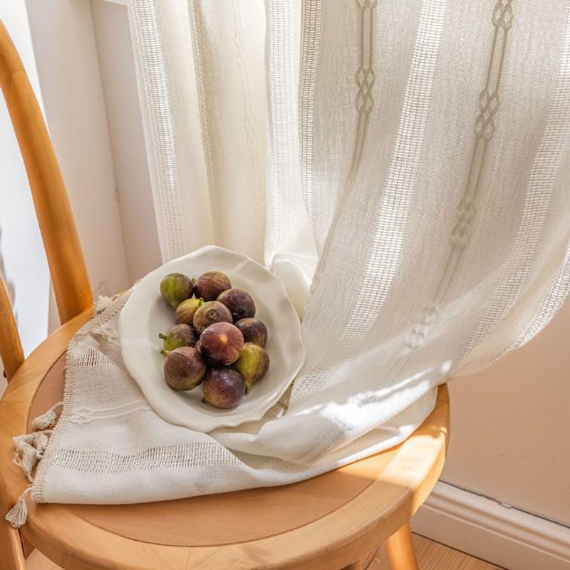 Cotton Linen Solid Striped Embroidery with Tassel Semi-shading Window Curtain Hollowed-out Kitchen Living Room Window Valance