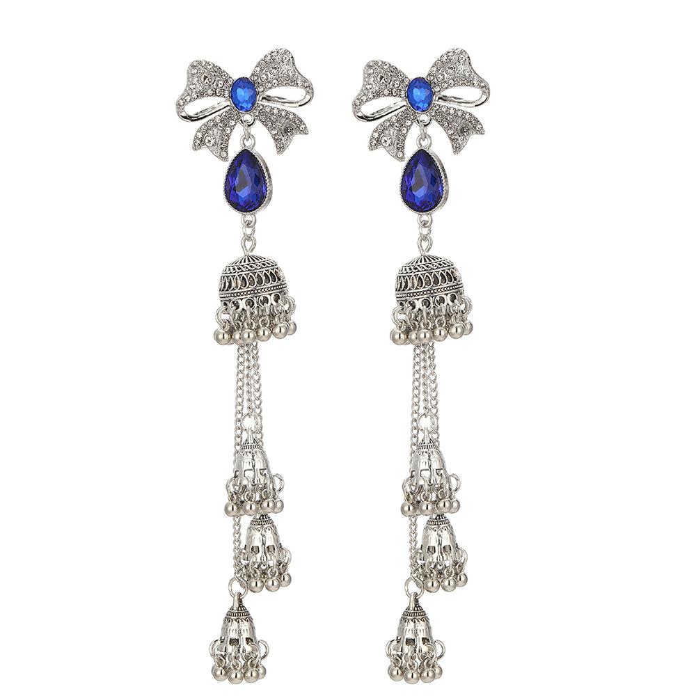Ethnic Jewelry for Women Gypsy Tribal Retro Antique Crystal Bowknot Beads Bells Tassel Long Earrings