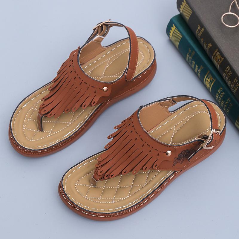 Large Size Tassel Leakage Toe Women's Sandals with Metal Needle Buckle Soft Sole Clip Toe Wedge  Zapatos De Mujer