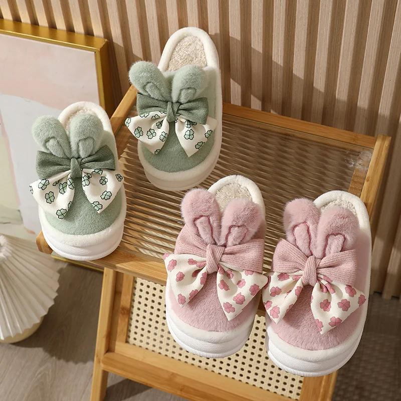 Women Winter Warm Indoor Bows Cotton Slippers Female Indoor Fluffy Cotton Shoes New Couple Plush Comfort Soft Sole House Slides