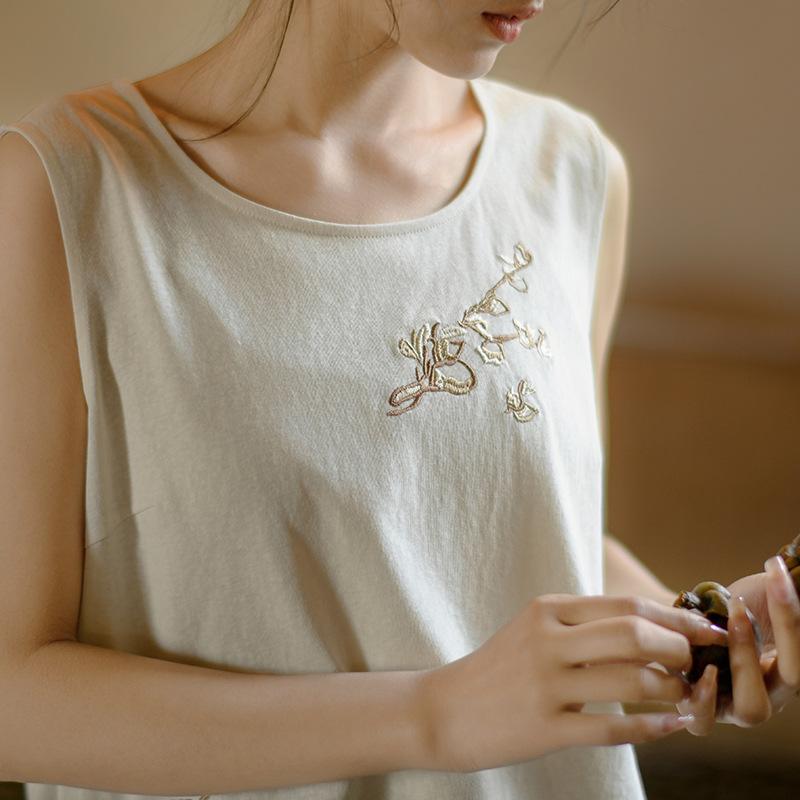 

Johnature женские топы на бретелях с цветочной вышивкой и круглым вырезом, однотонные летние мягкие женские топы в китайском стиле XL