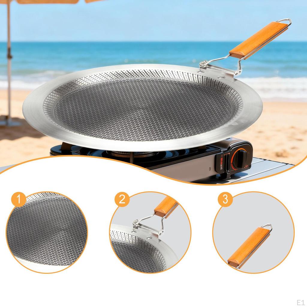 Edelstahl Crêpepfanne Flache Bratpfanne mit klappbarem Griff Camping Kochgeschirr BBQ Grill Runde Pfannkuchen