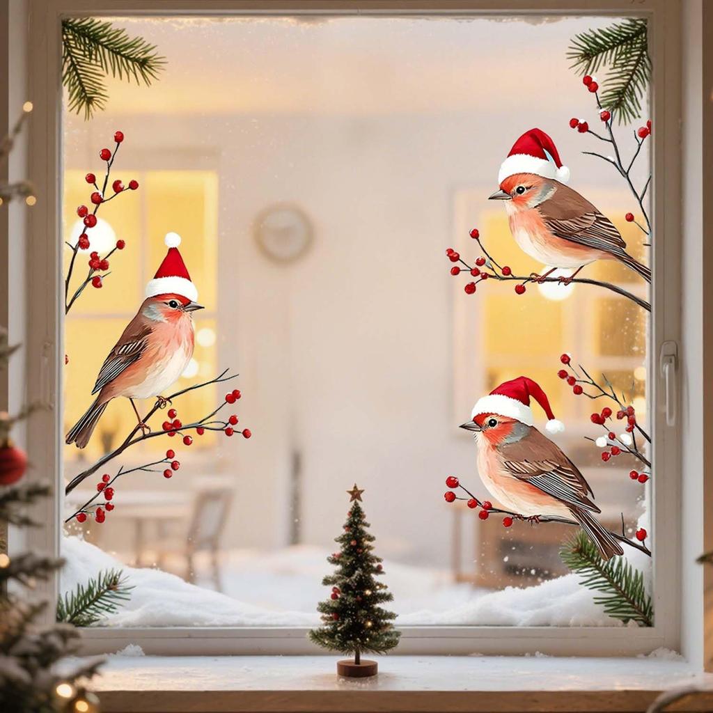 Christams 3 Birds in Red Santa Hat Window Clings, Xmas Theme Flower Birds Design Glasses Decorations, 11.8 * 10.6Inches Size Chritsmas Window