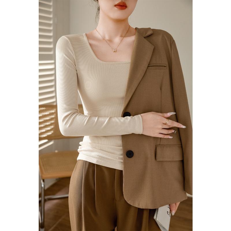 Women Square Neck Long Sleeve Slim Fitted Solid Color T Shirt Casual Basic Top