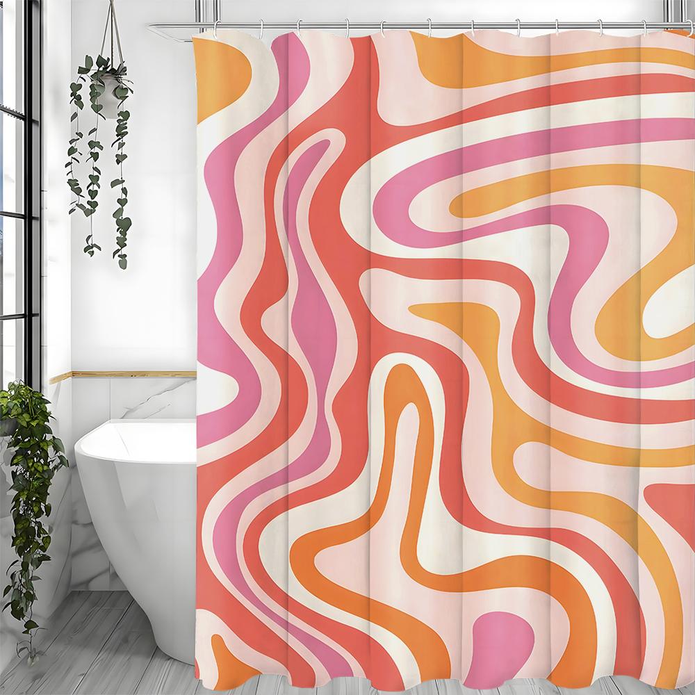 Retro Aesthetic 70's Swirl Abstract Shower Curtain, 80's 70's 60's Retro Cute Boho Orange Beige Bathroom Decorative Shower Curta