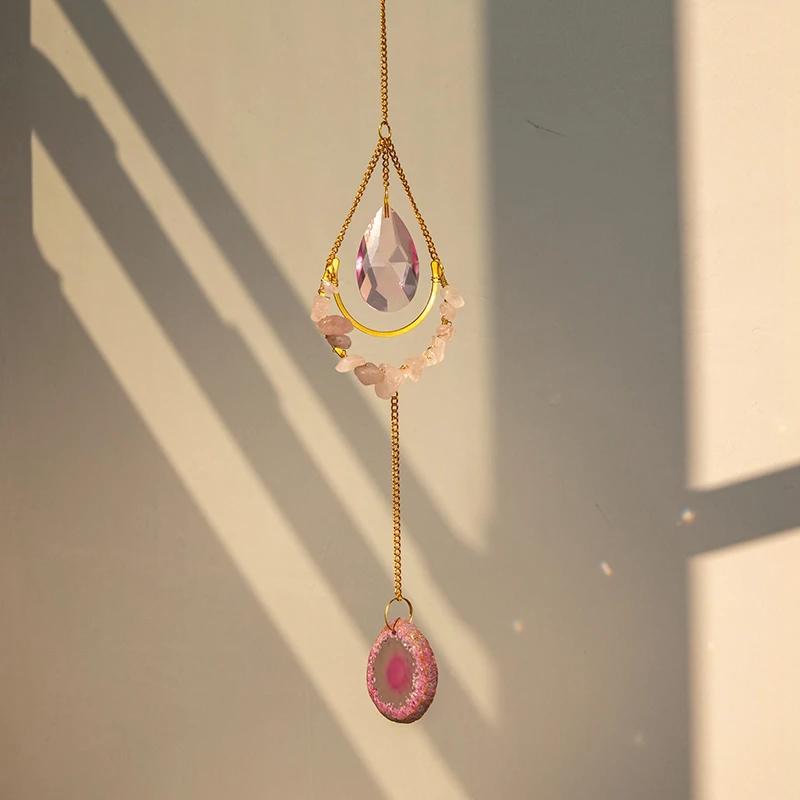 Crystal Sun Catcher Hanging Pendant Wind Chimes Chakra Artificial Agate Raw Stone Crystal Stained Glass Home Window Decoration