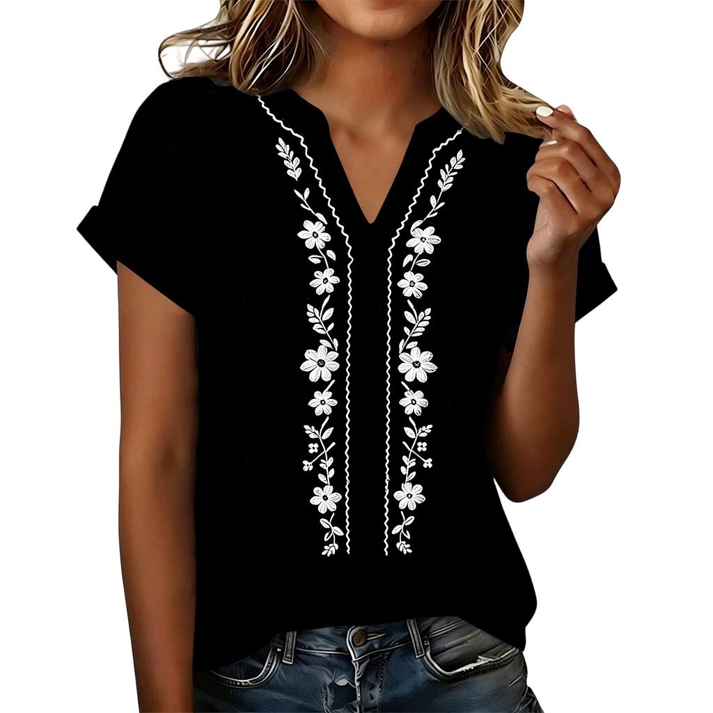 Women V Neck Embroidered Short Sleeve Casual Loose Fit Shirt Top with Floral Pattern for Daily Wear and Comfortable Style