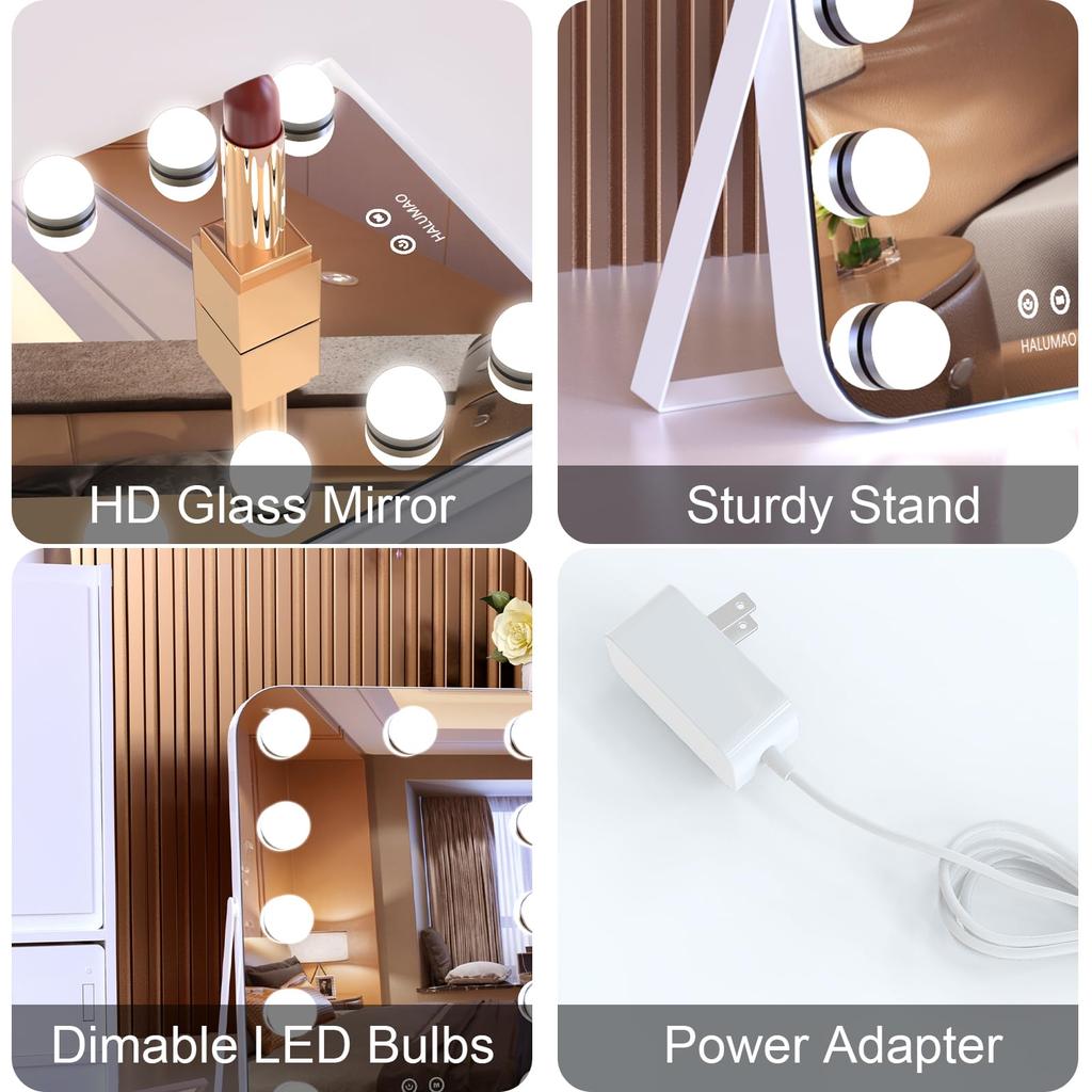 Actress Mirror, Tabletop Mirror, Hollywood Mirror, with 11 LED Bulbs, Three Color Lighting Modes, and Brightness Adjustment