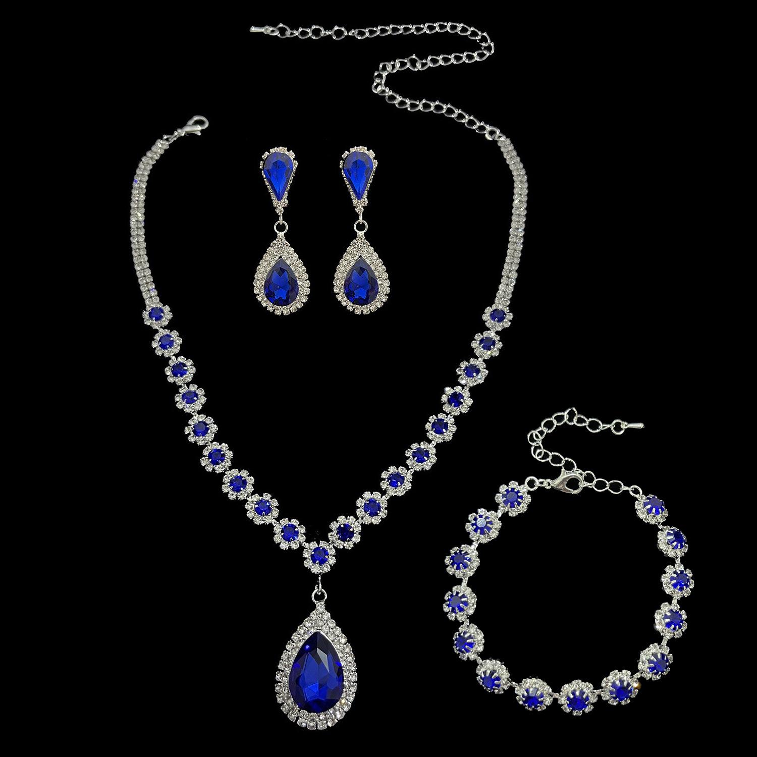 

Модный комплект из трех предметов: ожерелье, серьги, браслет, цветочные стразы, свадебные украшения для невесты синий