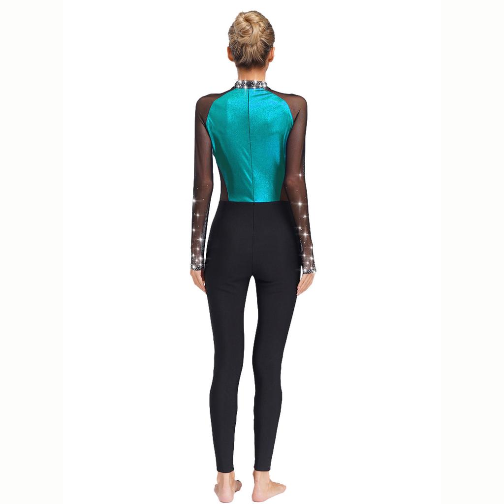 Womens Gymnastics Dance Jumpsuit Sparkling Rhinestones Full Body Leotard Sheer Mesh Patchwork Color Block Leotard