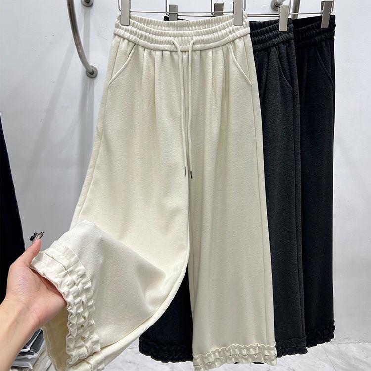 

Уличный Дизайн Чувство Кружевная Отделка Брюки Y2k Эластичная Талия Брюки Женские Новые С Завышенной Талией Прилегающие Прямые Широкие Брюки 2025 3XL бежевый