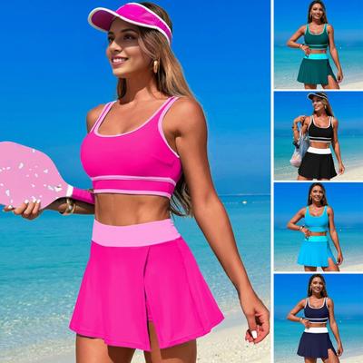 2 Adet/Takım Kadın Tankini Seti Düşük O-Yaka Kollu Tank Üstleri Karın Kontrolü Yan Bölünmüş Şort Takımı Patchwork Renkli Mayo