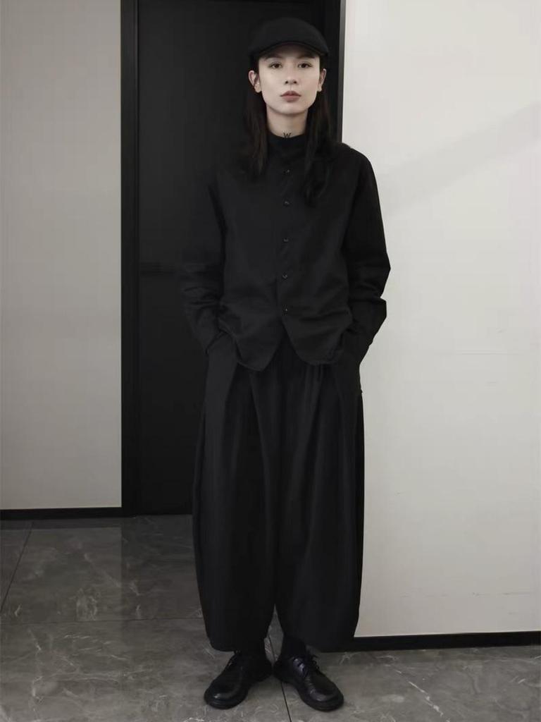 Women's Casual Wide-Leg Lantern Pants - Dark Design, Slimming, Nine-Point, Spring & Autumn Wear.