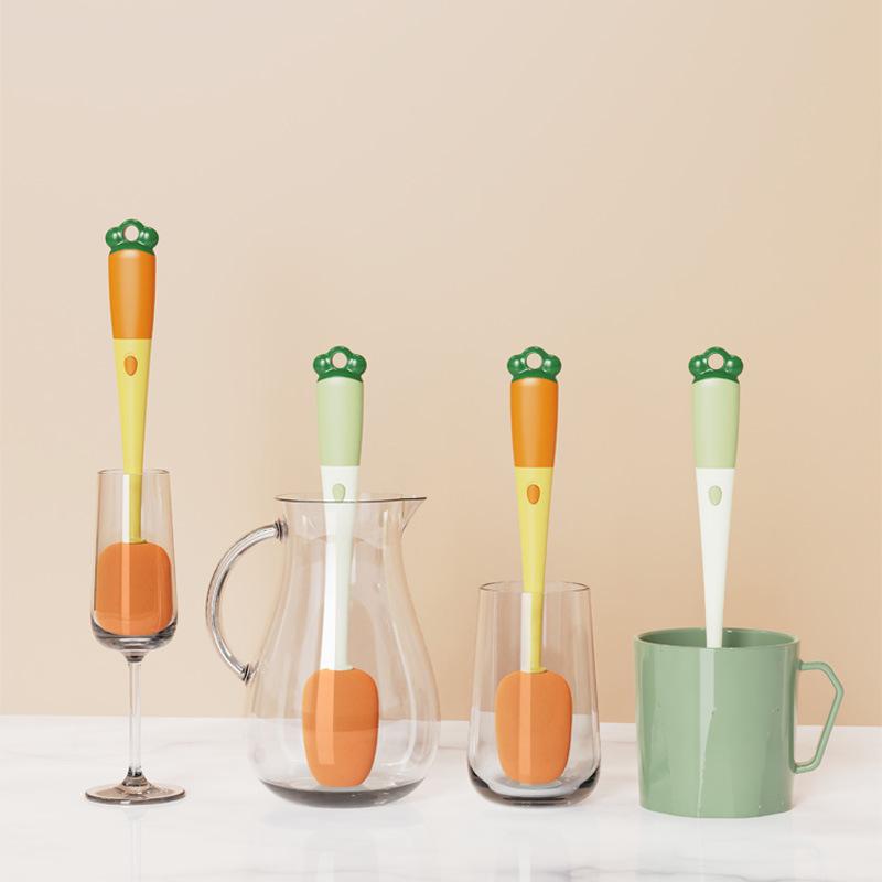 Carrot Shape 1 in 1 Long Handle Sponge Cup Brush Milk Bottle Brush for Vacuum Cup Lid Gap Cleaning Brush