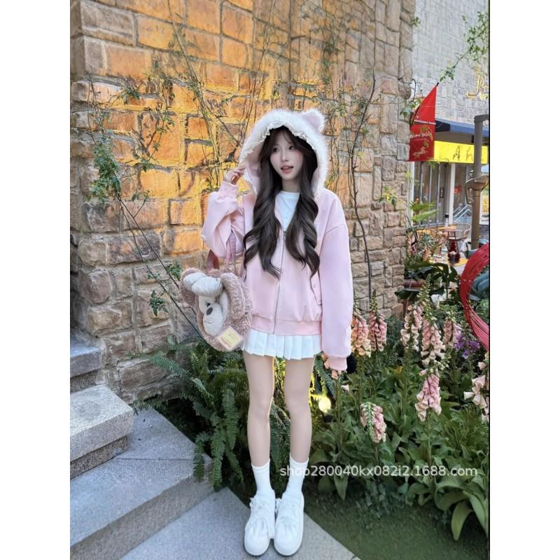 2026 Hooded Oversized Cardigan Sweater Women Men Korean Sweet Style Zipper Front Lightweight Casual Outerwear In