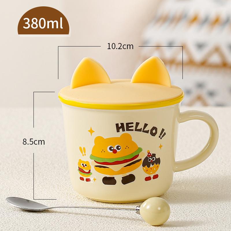 Niedliches Geschenk Keramiktasse Souvenirtasse Frauen Becher Cartoon Wassertasse Haushalt Kaffeetasse mit Deckel Löffel Kinder