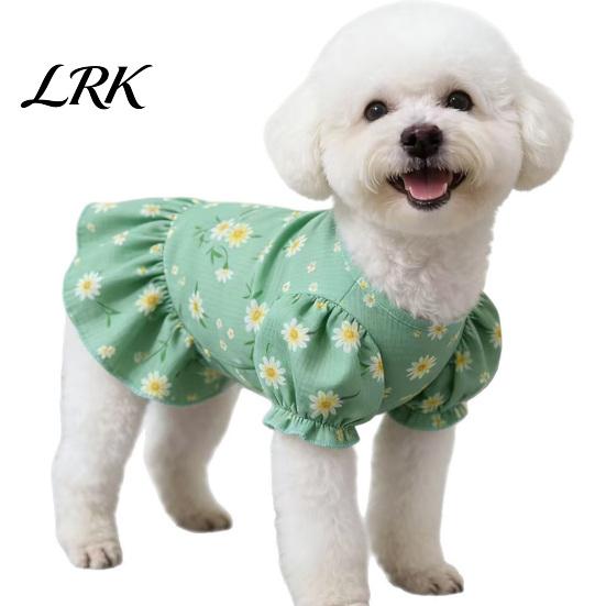 Easy to Wear Dog Dress Green Princess Dress, Floral Ruffled Pet Puff Sleeve Cute Lightweight Girl Puppy for Small Dogs Summer Female Outfit XL