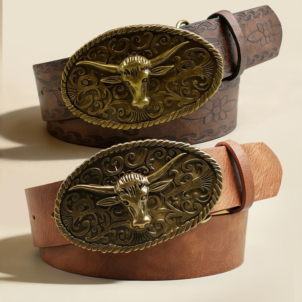 American retro western style belt, old bull head carved buckle belt, street denim wear decorative belt