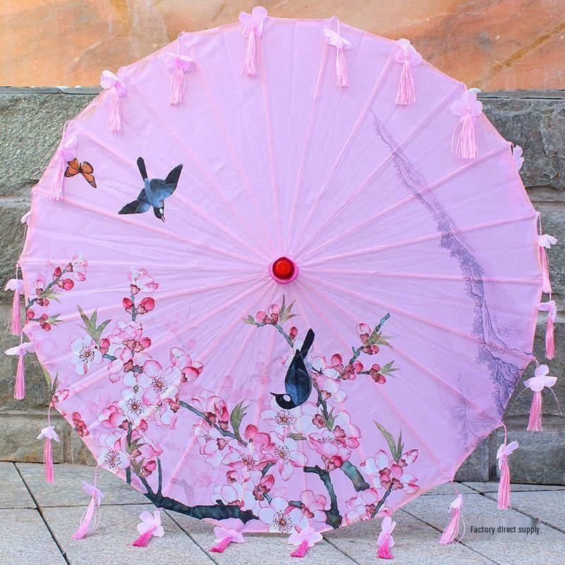 Ancient Style Oil Paper Umbrella with Petal Tassel for Children's Hanfu Dance
