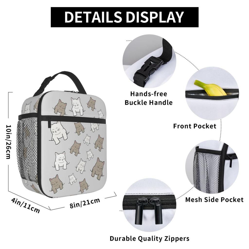 Cartoon Graues Kätzchen Muster Isolierte Lunchtasche für Damen Kinder Tragbare Lebensmittelboxen Thermische Lunchbox Tragetasche