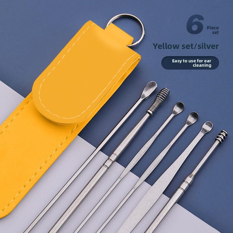 

Spiral Cleaning Ear Spoon Set, Visual Lighting Soft Rubber Anti-injury Household Disinfection and Storage Ear Picking Tool Set Yellow overlaid silver