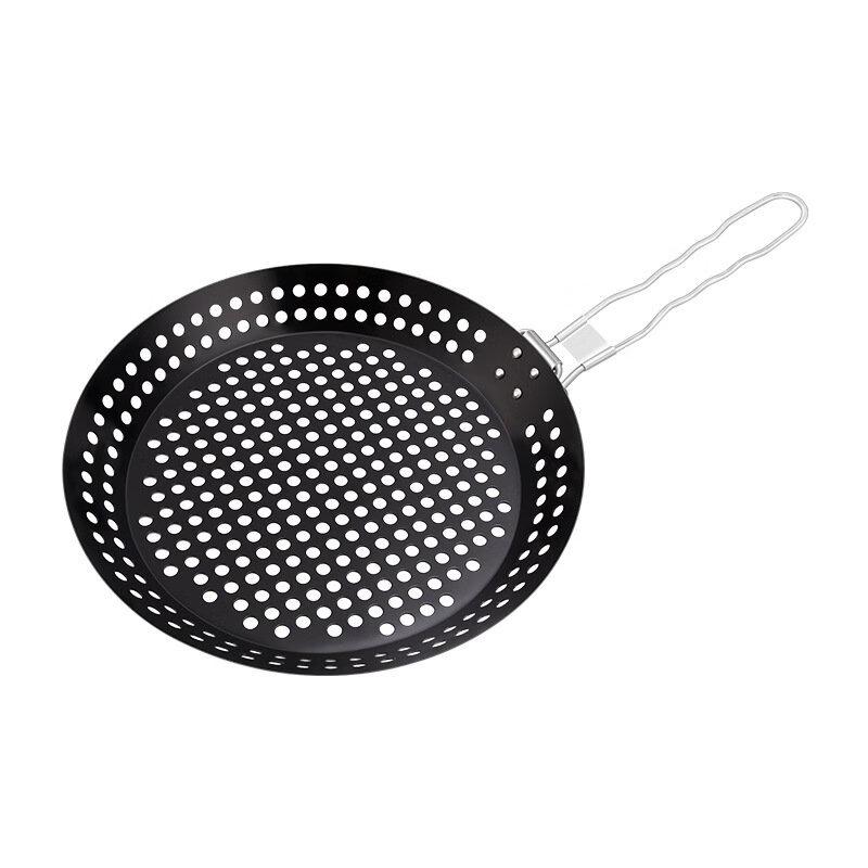 Portable Round Perforated BBQ Grill Pan with Wooden Handle