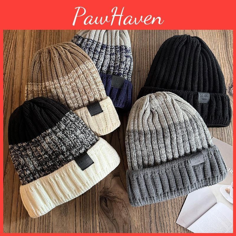 Color Blocked Fashionable Thick Warm Men Knitted Hat For Winter Resistance Wind