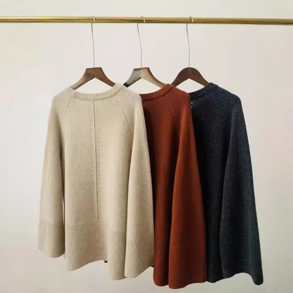Women's Mid-Length 100% Pure Wool Sweater - Loose Fit, Slit Design, Lazy Style for Autumn and Winter.