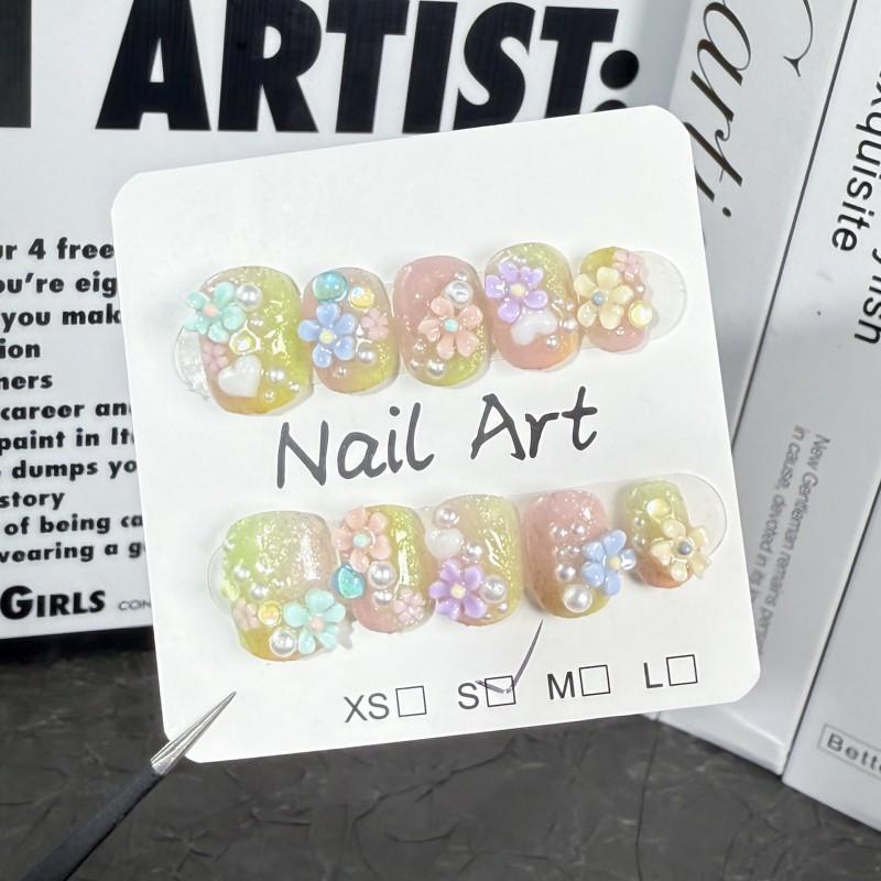 Short Floral Nail Tips Women Cute Pastel Gradient Press-On Nails Thin Invisible Edge Fresh Style Extra Small
