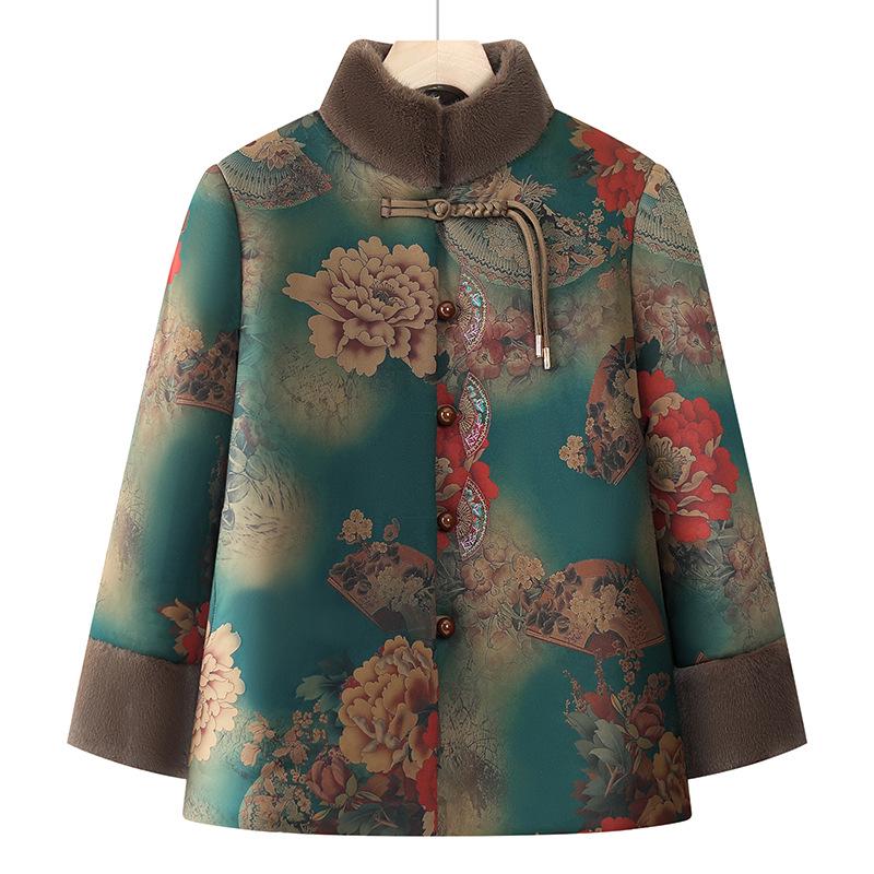 

Женская зимняя куртка: Модное хлопковое пальто в китайском стиле для людей среднего и пожилого возраста - Тепло с плюшевой подкладкой XXL (suggested for 110-125 kg) зелёный