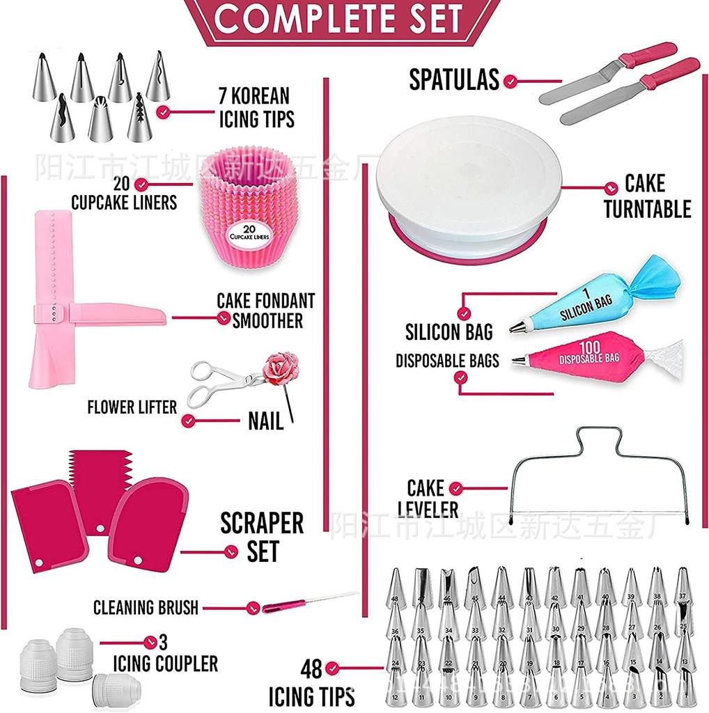 200 Pcs Cake Decorating Supplies Set, Icing Tips & Piping Bags, Disposable Cupcake Liners, Baking Turntable Kit