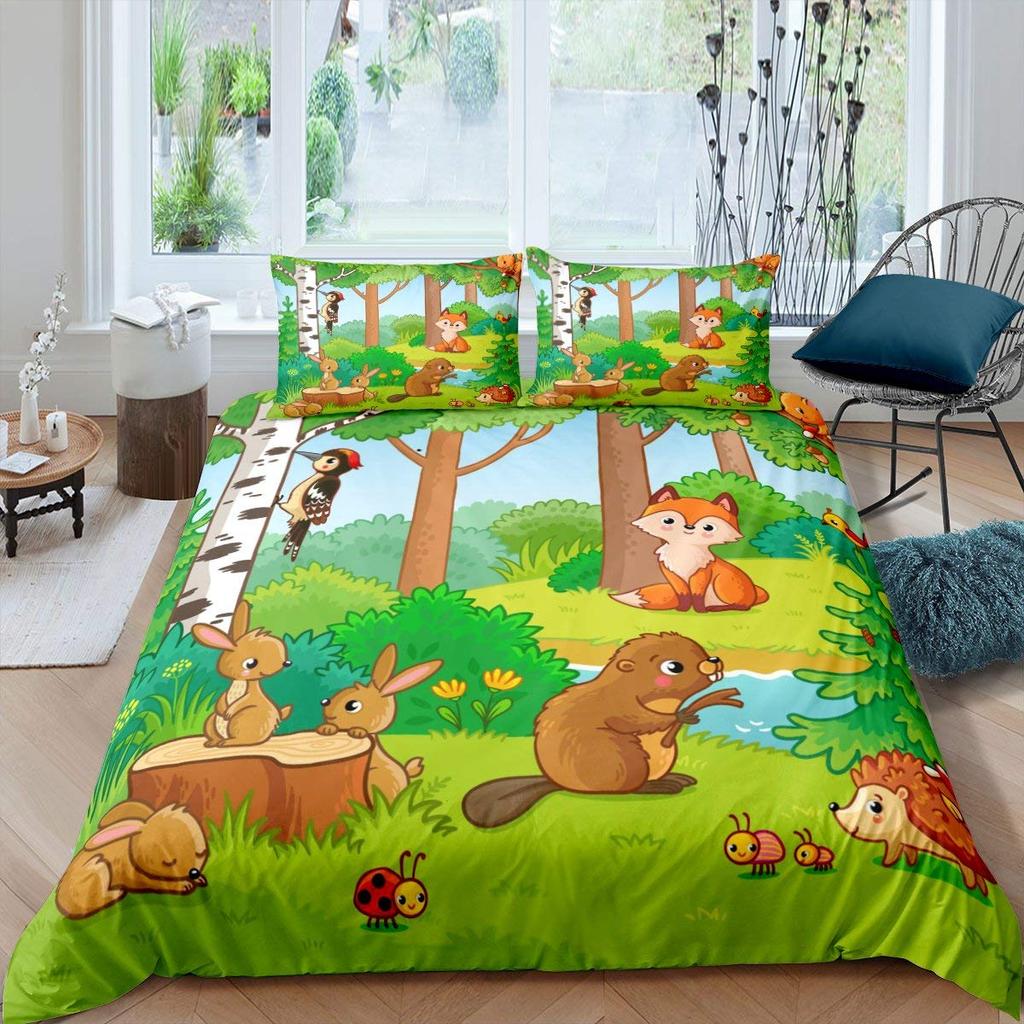 Kids Cartoon Animal Zebra Giraffe Fox Kangaroo King Queen Duvet Cover Boy Girl Rabbit Wildlife Bedding Set Polyester Quilt Cover