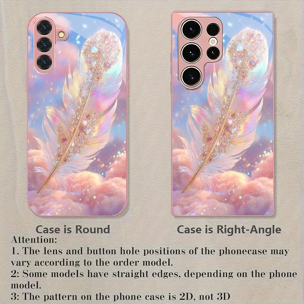 Rosa Feder gehärtetes Glas Handyhülle geeignet für Samsung Galaxy S26 S25 S24 S23 S22 S20 FE/Ultra/Plus stoßfeste Rückabdeckung