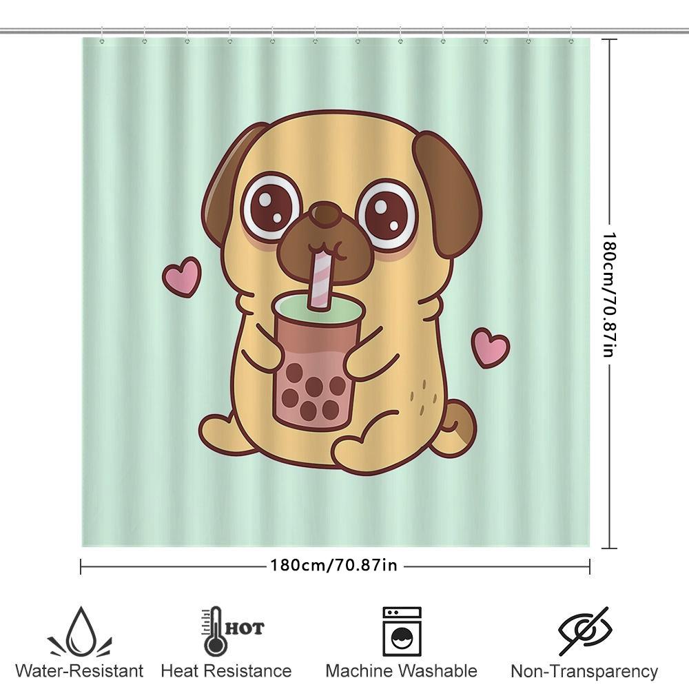 Cute Pug Boba Tea Shower Curtain Bathroom Decor Anime Kawaii Pet Lover Gift Waterproof Fabric Washable Home Decor