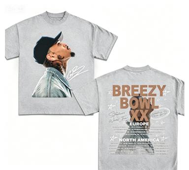 Chris Brown Breezy Bowl 2026 Tour Double Sided Portrait Print Pure Cotton Oversized Hip Hop Concert T Shirt