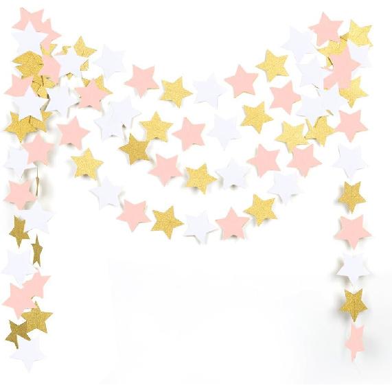 MOWO Star Paper Garland Circle Hanging Decor 3'' in Diameter 10ft (Gold Glitter, 2pc)