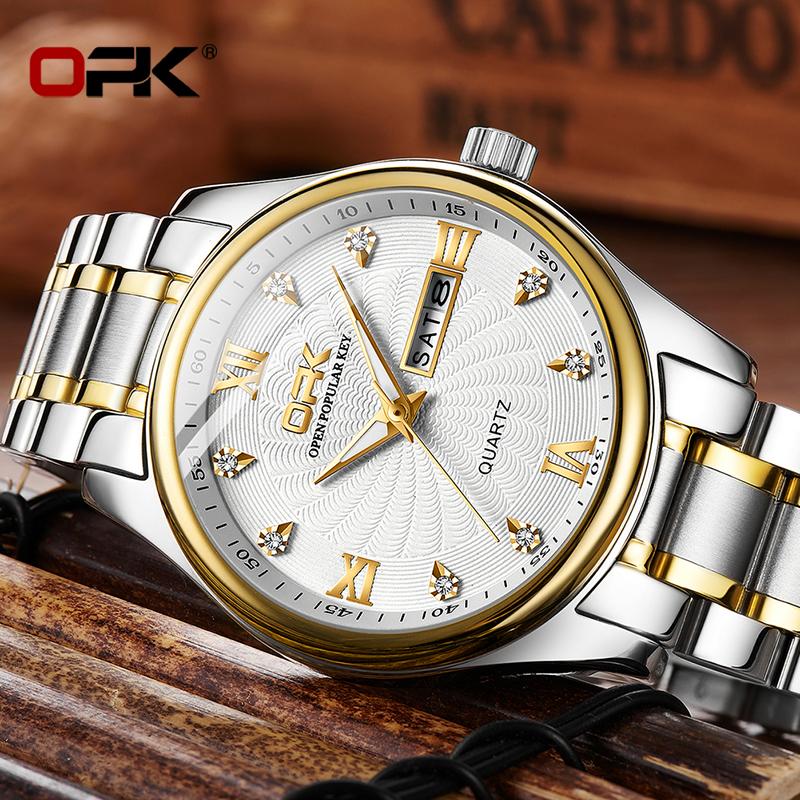 OPK 8103 Men's Calendar Week Quartz Watch Steel Belt Waterproof