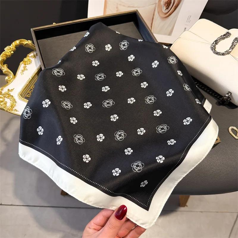 Luxury Brand 2025 Floral Print Square Silk Scarf for Women Hijab Hair Bands 70cm Neckerchief Female Satin Shawl Ribbon Headband