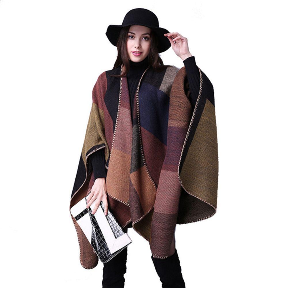Soft New Women Cashmere Scarf Blanket Cloak Patchwork Plaid Poncho Wrap Shawl