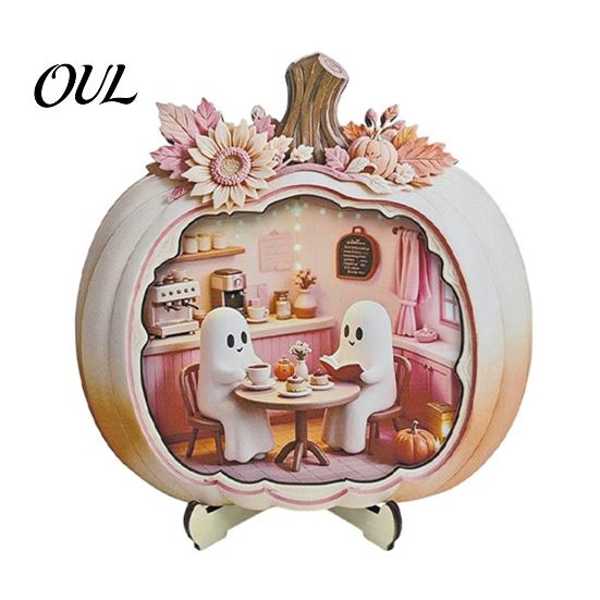 LED Lighted Fall Home Decor Halloween Ghost Pumpkin Wooden Plaque, 2D Flat Tabletop Sign, Indoor Centerpiece Spooky Bathing Reading Ornament