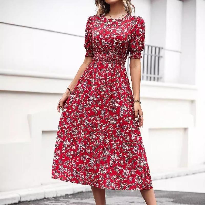 Women's Summer Crew-neck Broken Flower Bouquet Waist Swing Print Short-sleeved Dress