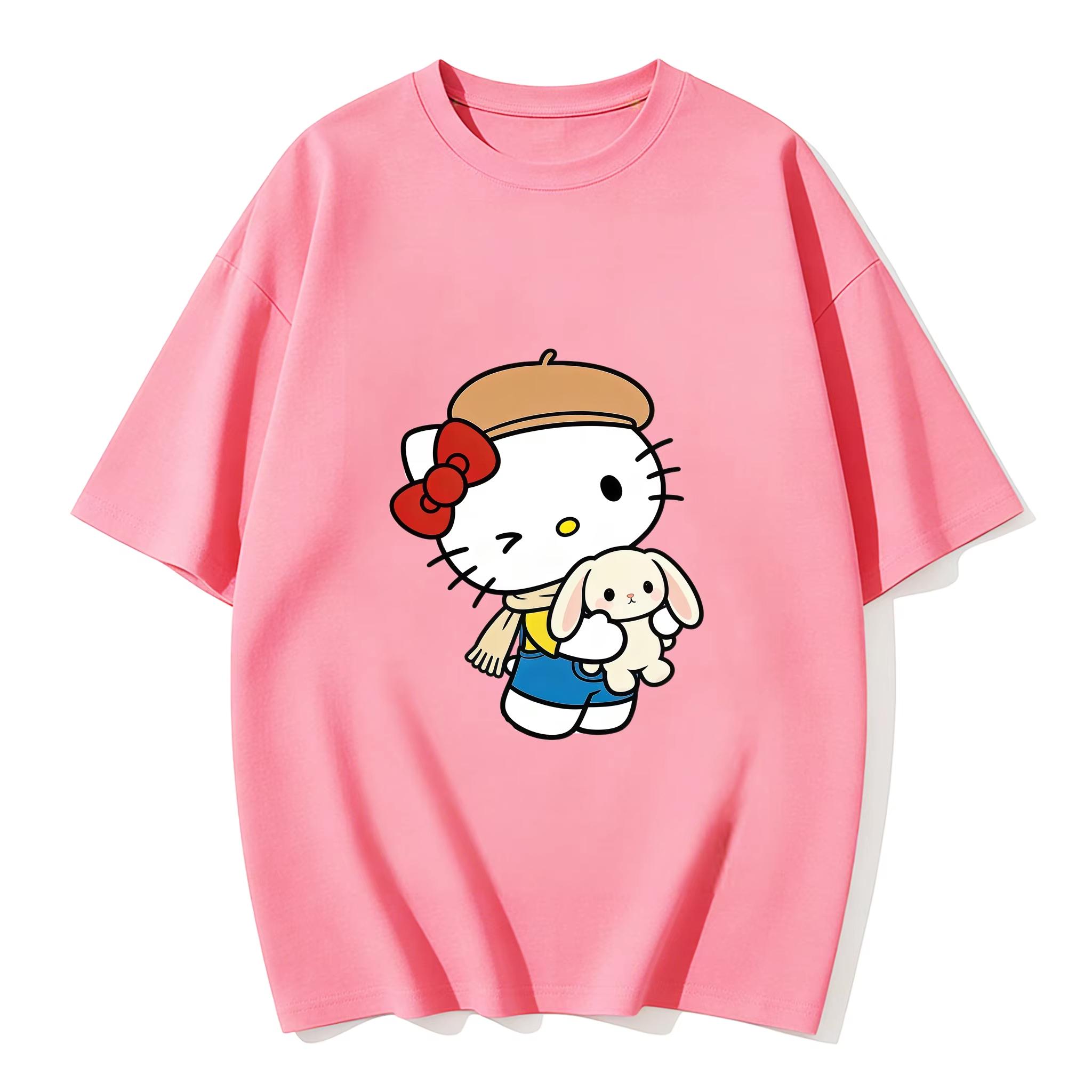 

2026 Summer Hello Kitty Cartoon Printed Short Sleeve Pure Womens Comfortable summer loosefitting Womens clothing S