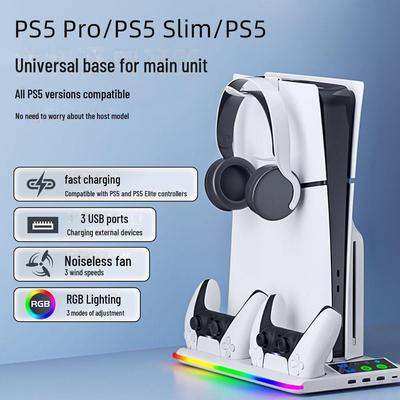 Support de refroidissement pour console PS5 Slim/PS5 avec lumières RVB, chargeur de manette et support pour casque