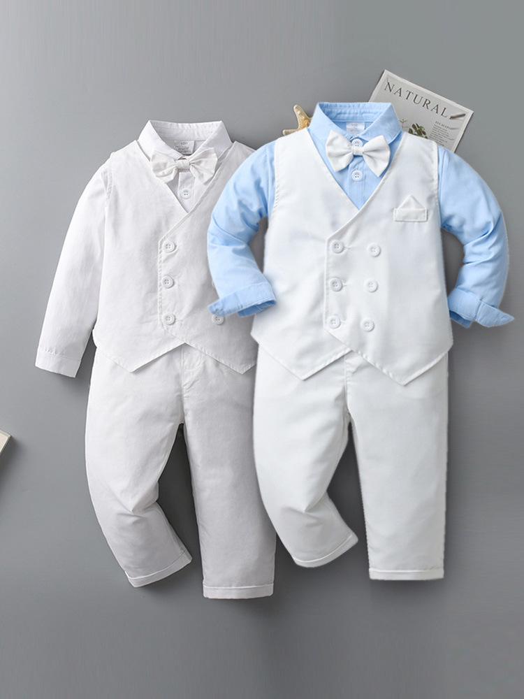 British Gentleman Christening Outfit: Boys' Long-Sleeve Three-Piece Set for Spring & Autumn