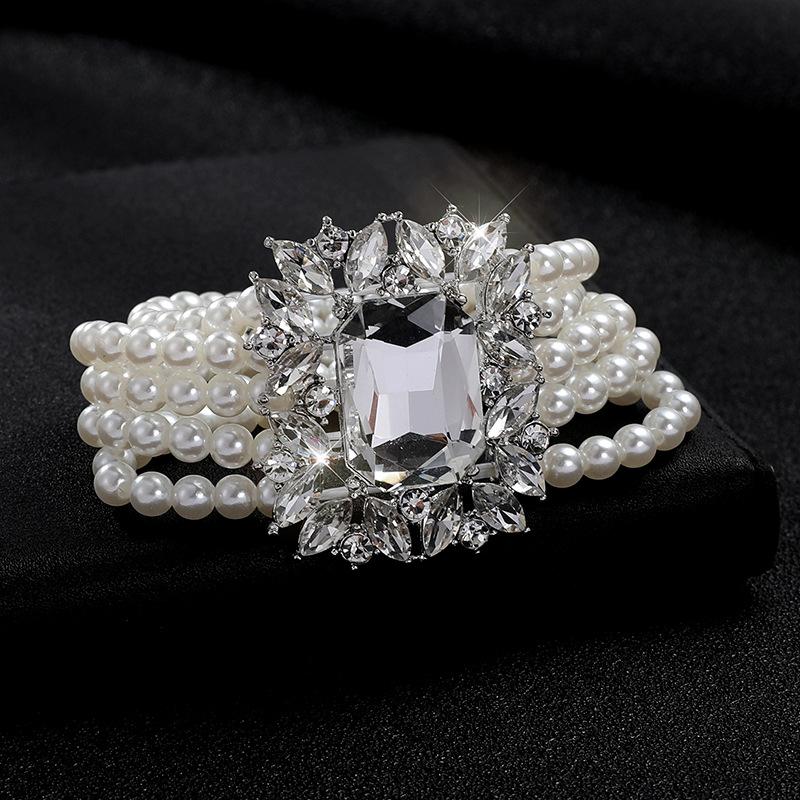 Diamond Set Square Multi-Layer Pearl Clavicle Jewelry Pearl Rhinestone Bridal Necklace Earrings Set Women