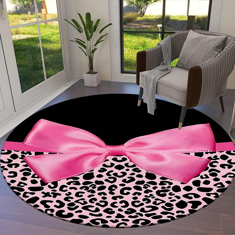 1 Stück Rosa Leopardenmuster Schleife Rutschfester Runder Teppich für Boden, Büro, Familie, Schlafzimmer, Großer Teppich Innenbereich, Langlebiges Polyester H0365