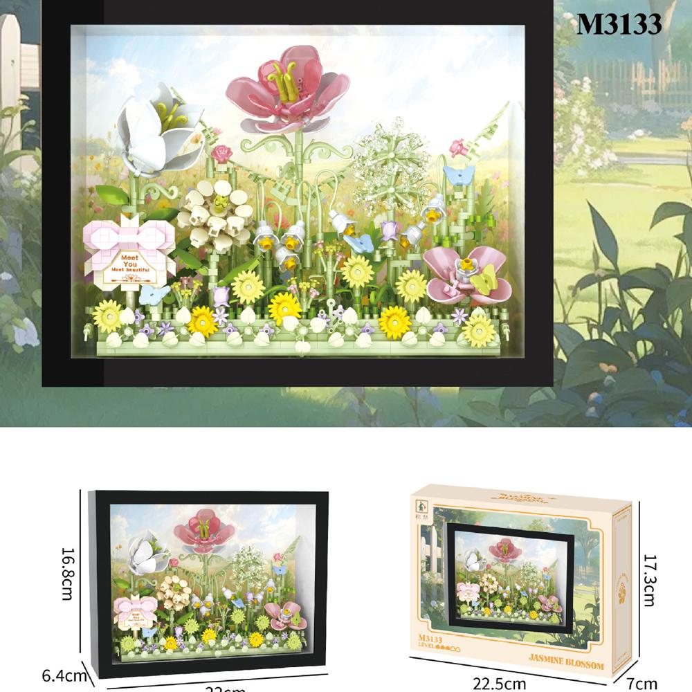 Idea Arts Micro Diamond Block Home Furnishing Nanobrick Flower World 3D Photo Frame Toy Building Brick With Light For Girl Gifts